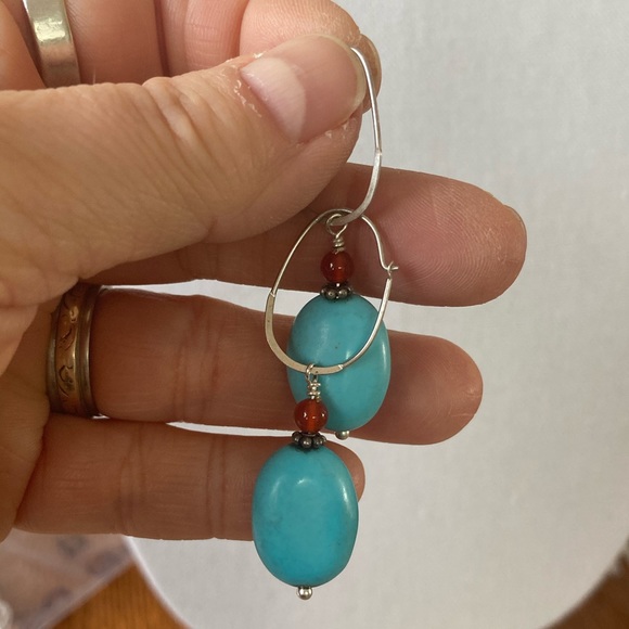 Howlite & Carnelian Earrings Oval Sterling Silver Hoops - Picture 2 of 2